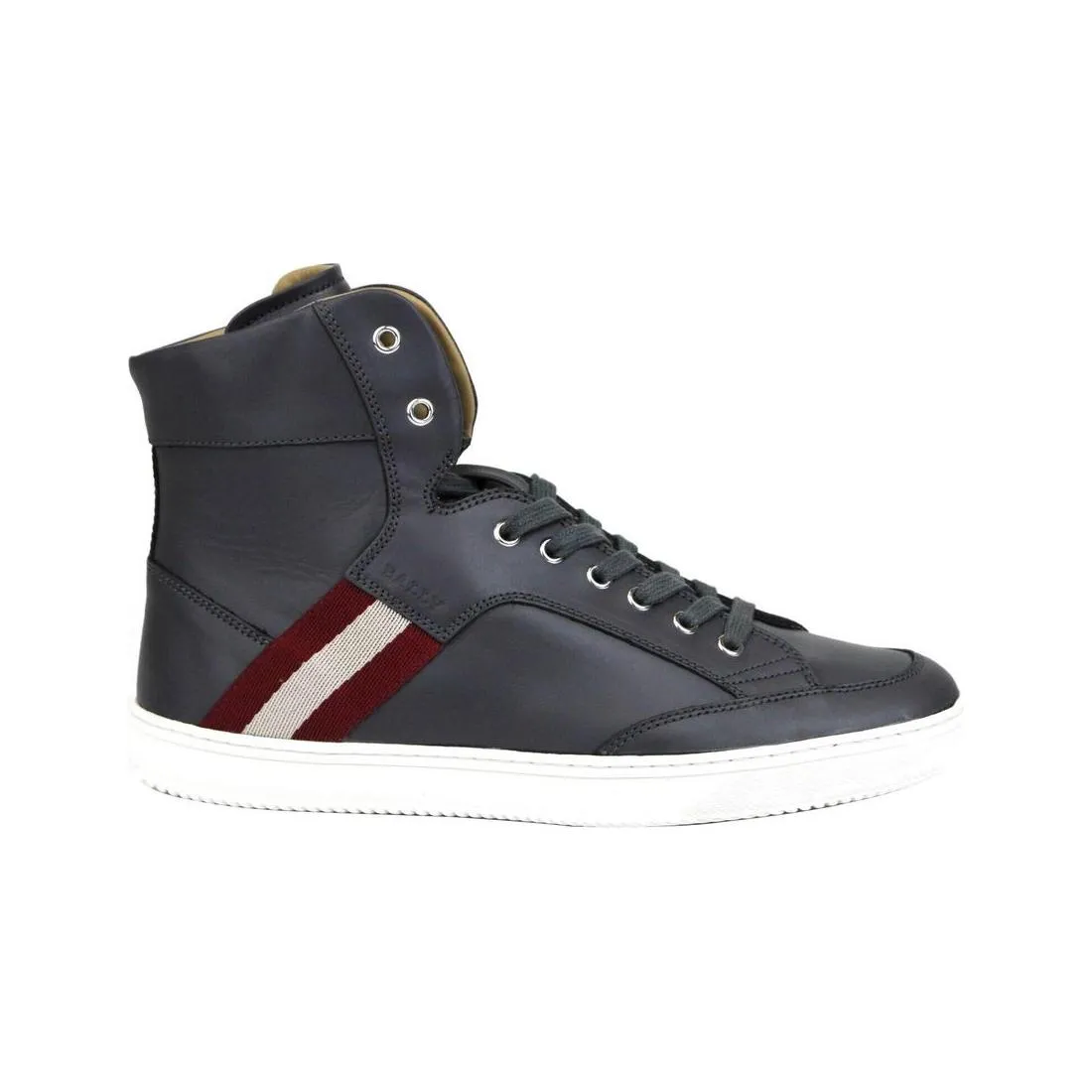 Bally Dark Grey Calf Leather Hi Top Sneaker With Red Beige