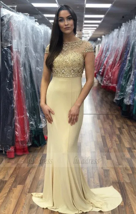 Beading Short Sleeve Yellow Prom Dresses, BW97694