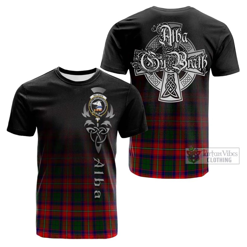 Belshes Tartan Cotton T-shirt Featuring Alba Gu Brath Family Crest Celtic Inspired