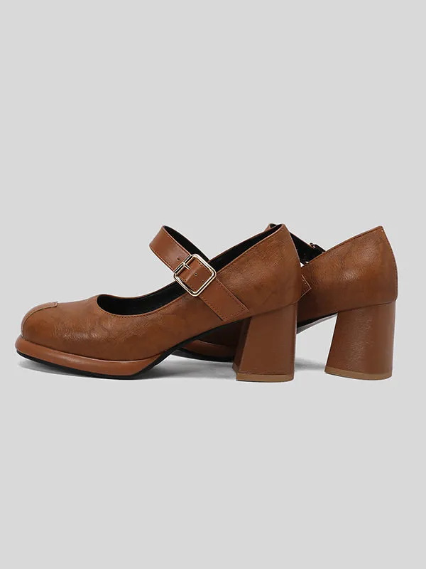 Belt Buckle Hollow Round-Toe Shallow Cut Split-Joint Pumps