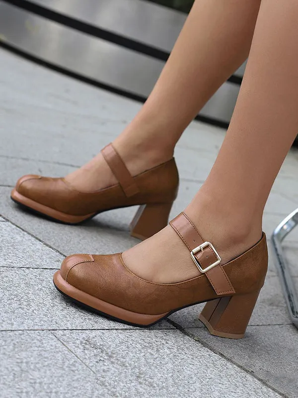 Belt Buckle Hollow Round-Toe Shallow Cut Split-Joint Pumps