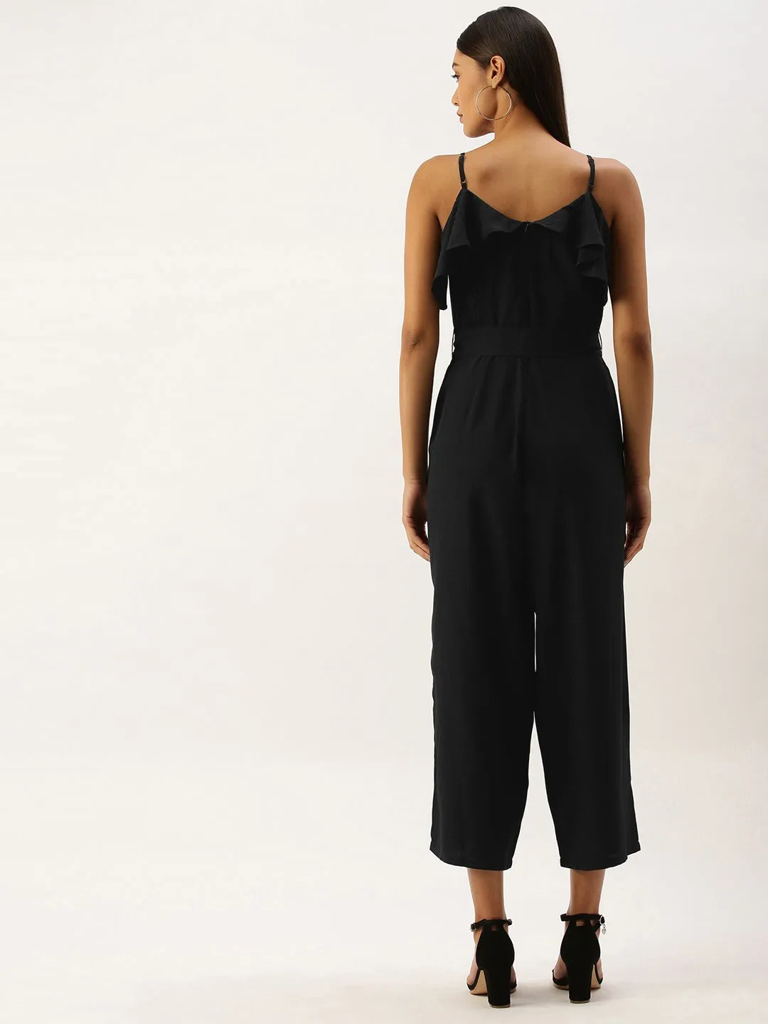 Berrylush Women Solid Black Sleeveless Ruffled Jumpsuit