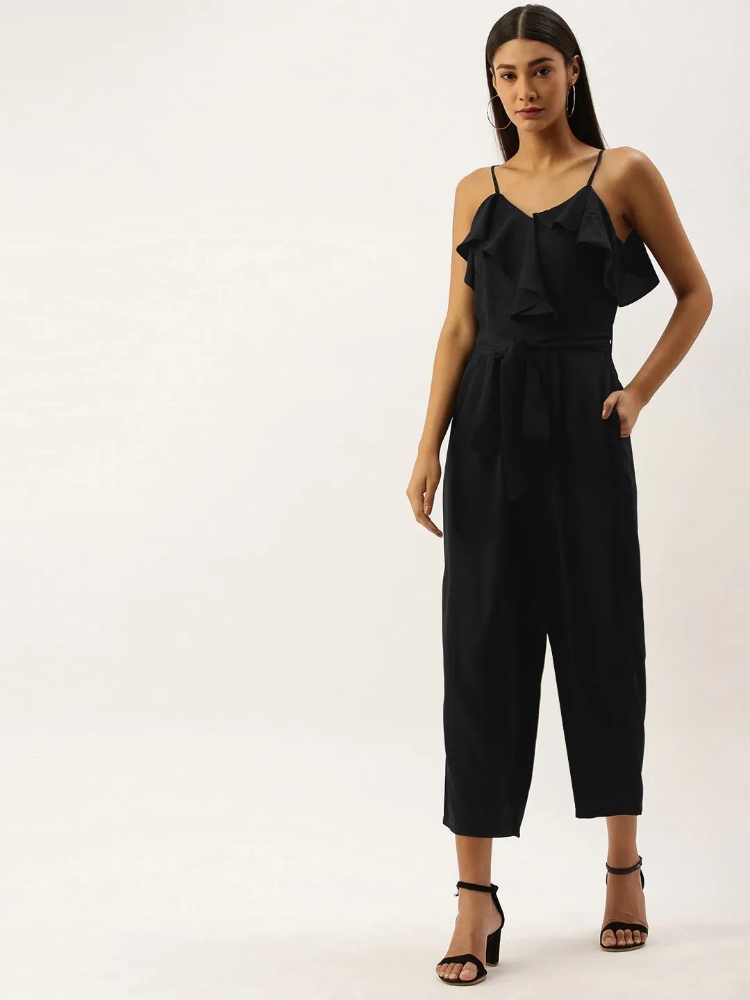 Berrylush Women Solid Black Sleeveless Ruffled Jumpsuit