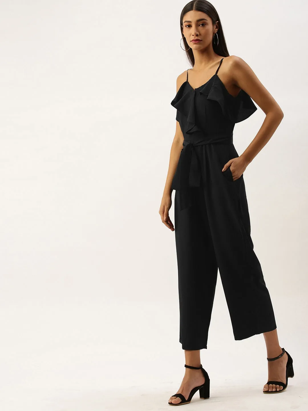 Berrylush Women Solid Black Sleeveless Ruffled Jumpsuit