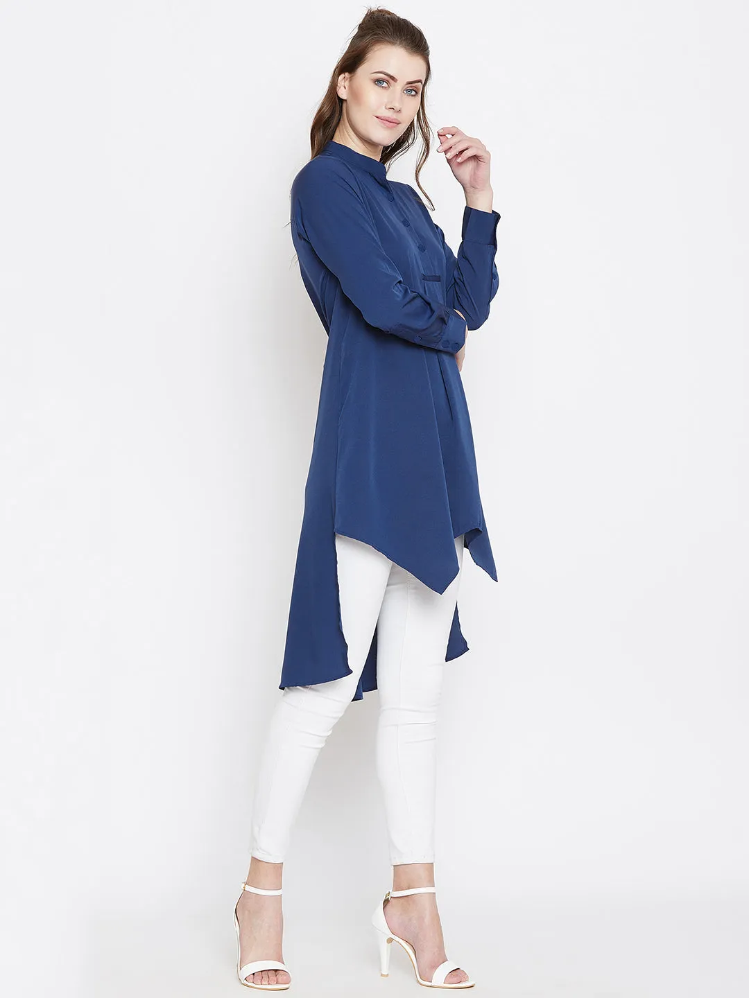 Berrylush Women Solid Blue Mandarin Collar High-Low Longline Top