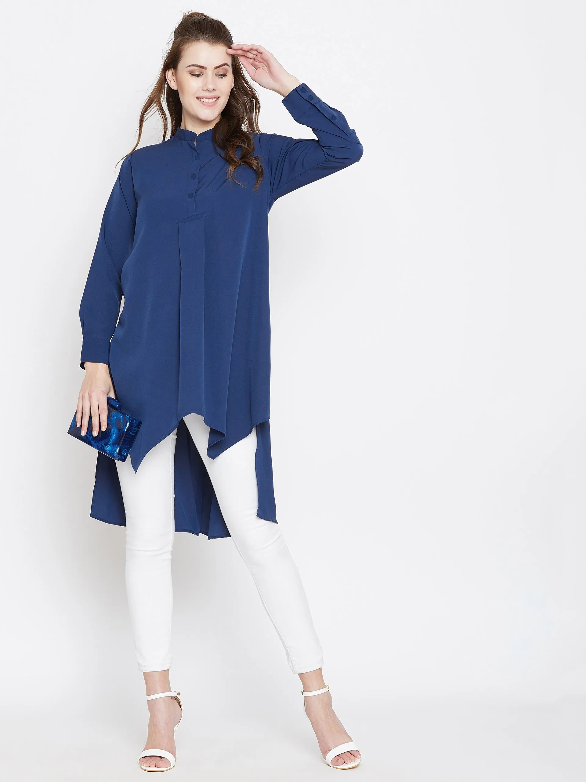 Berrylush Women Solid Blue Mandarin Collar High-Low Longline Top