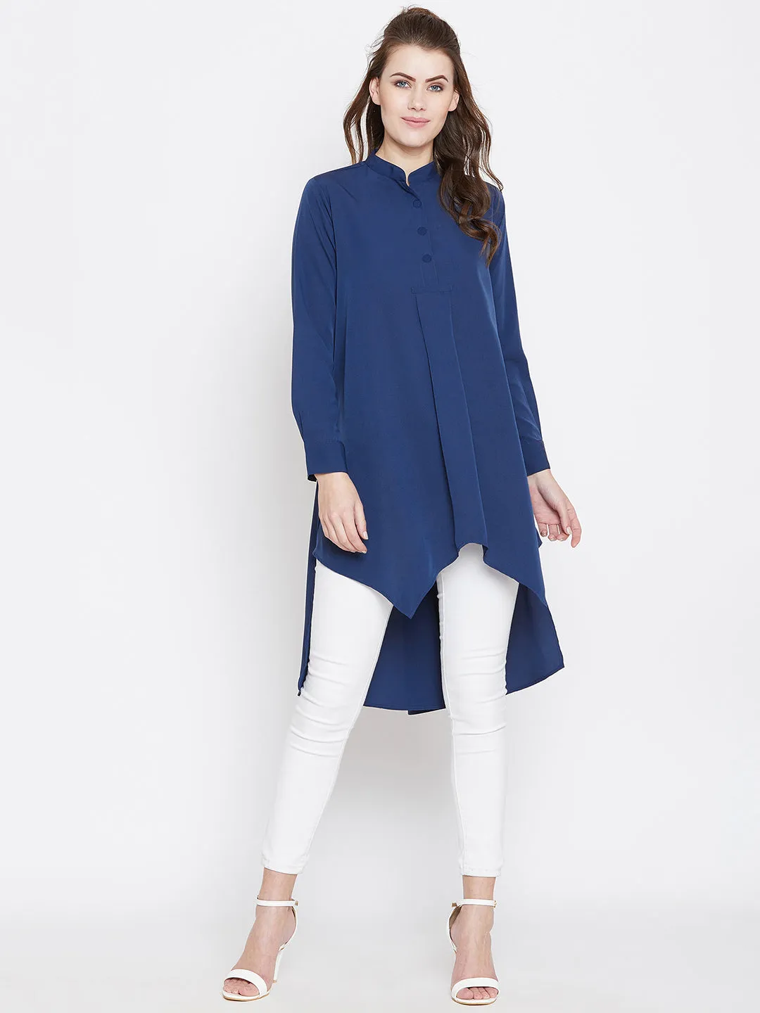 Berrylush Women Solid Blue Mandarin Collar High-Low Longline Top