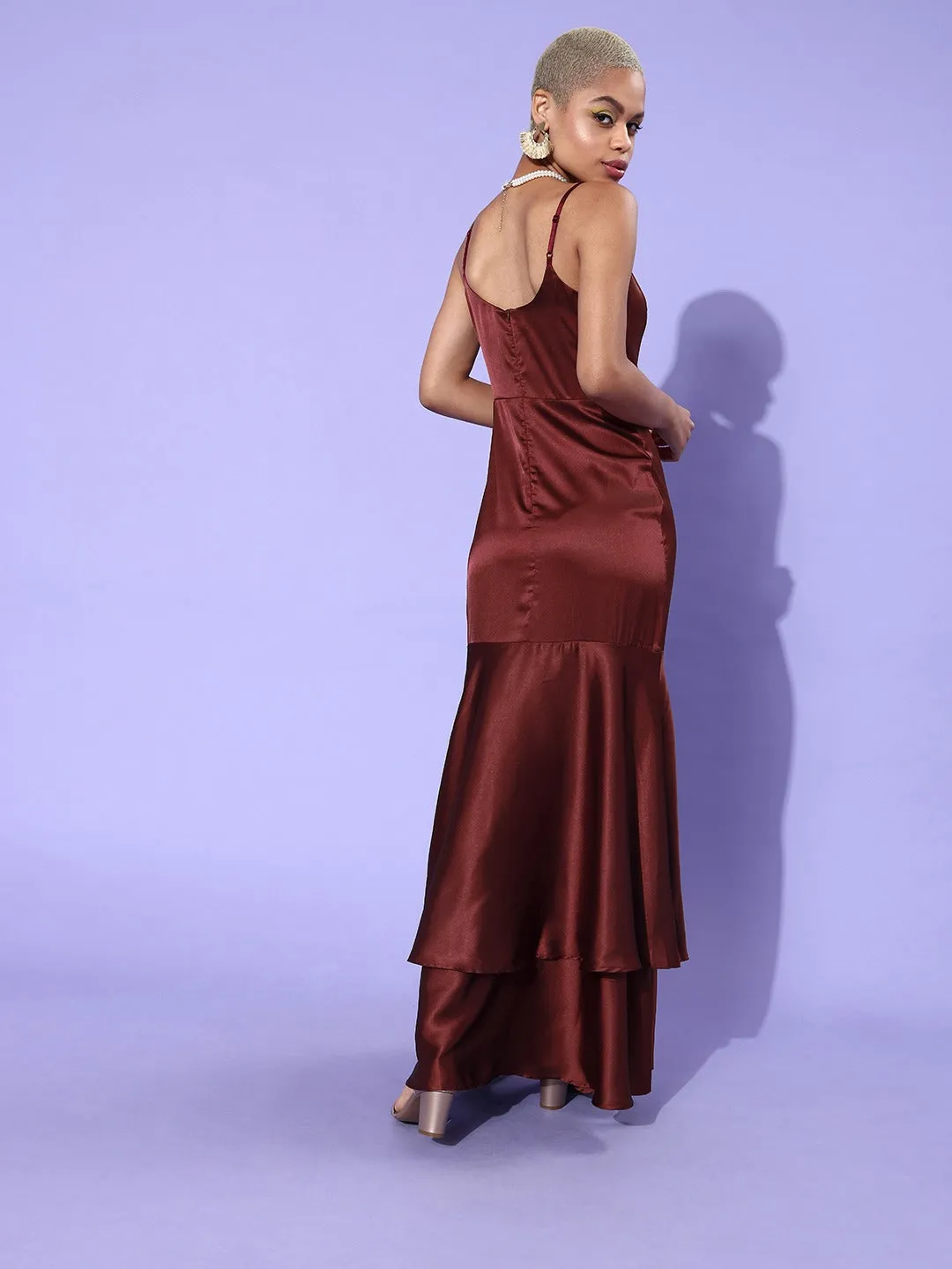 Berrylush Women Solid Maroon Layered Crepe Bodycon Maxi Dress