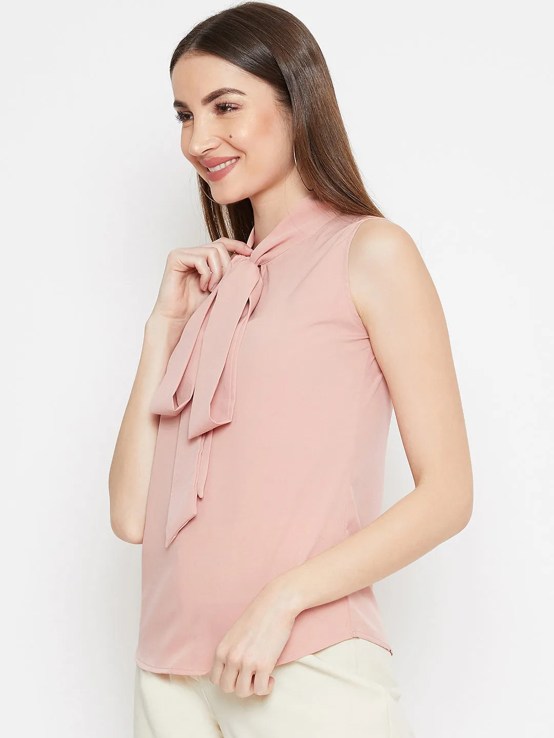 Berrylush Women Solid Pink Sleeveless Front Tie-Knot Top