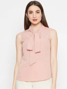 Berrylush Women Solid Pink Sleeveless Front Tie-Knot Top