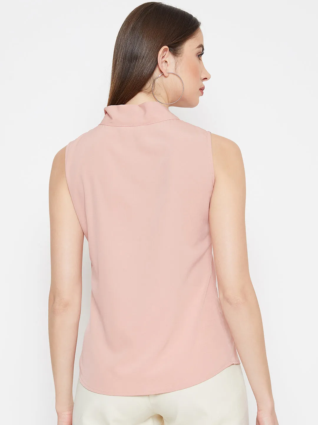 Berrylush Women Solid Pink Sleeveless Front Tie-Knot Top