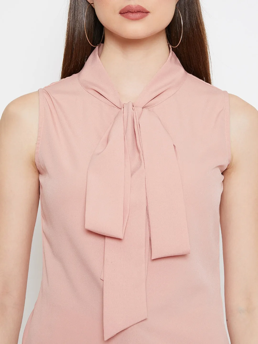 Berrylush Women Solid Pink Sleeveless Front Tie-Knot Top