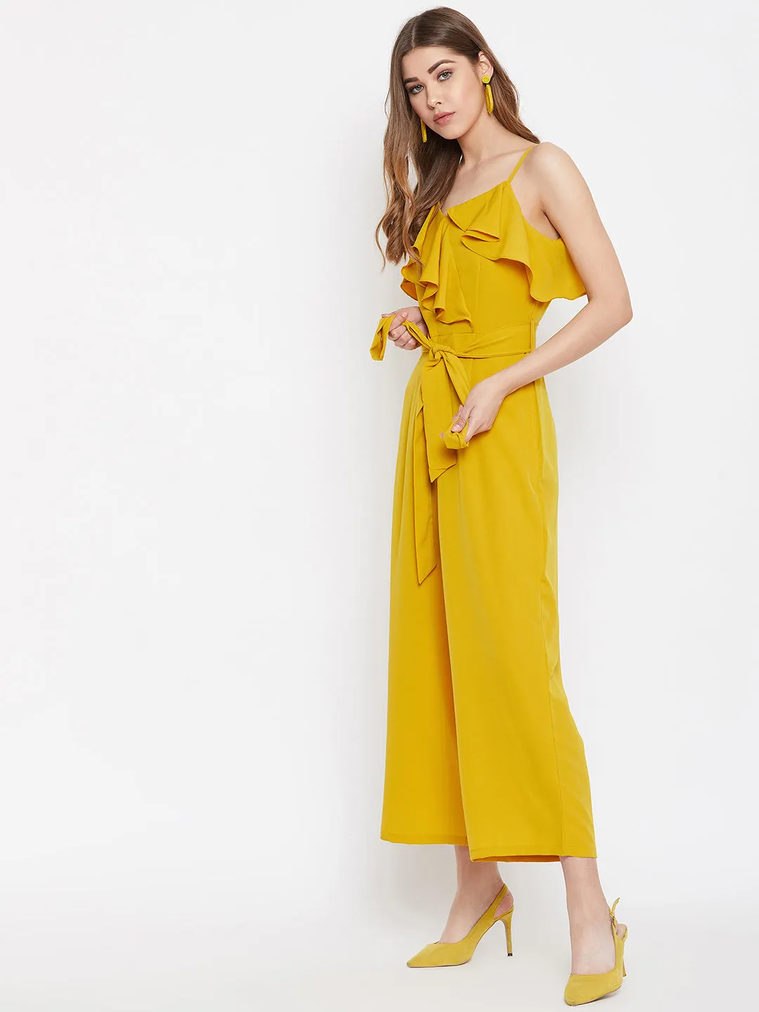 Berrylush Women Solid Yellow Waist Tie-Up Ruffled Jumpsuit