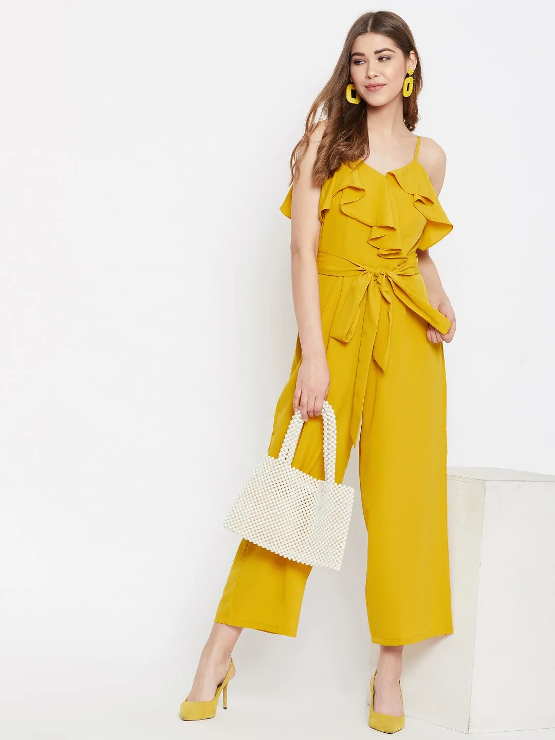 Berrylush Women Solid Yellow Waist Tie-Up Ruffled Jumpsuit