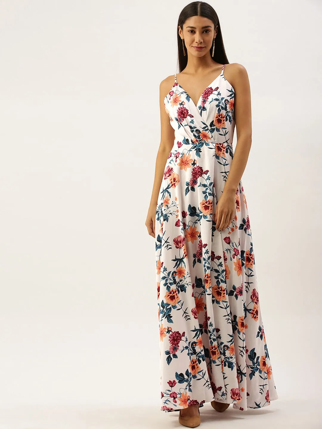 Berrylush Women White Floral Printed V-Neck Maxi Dress