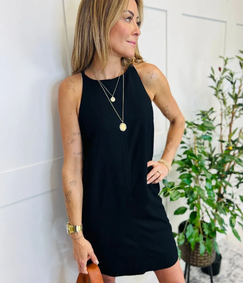 Black Linen Blend Mini Dress