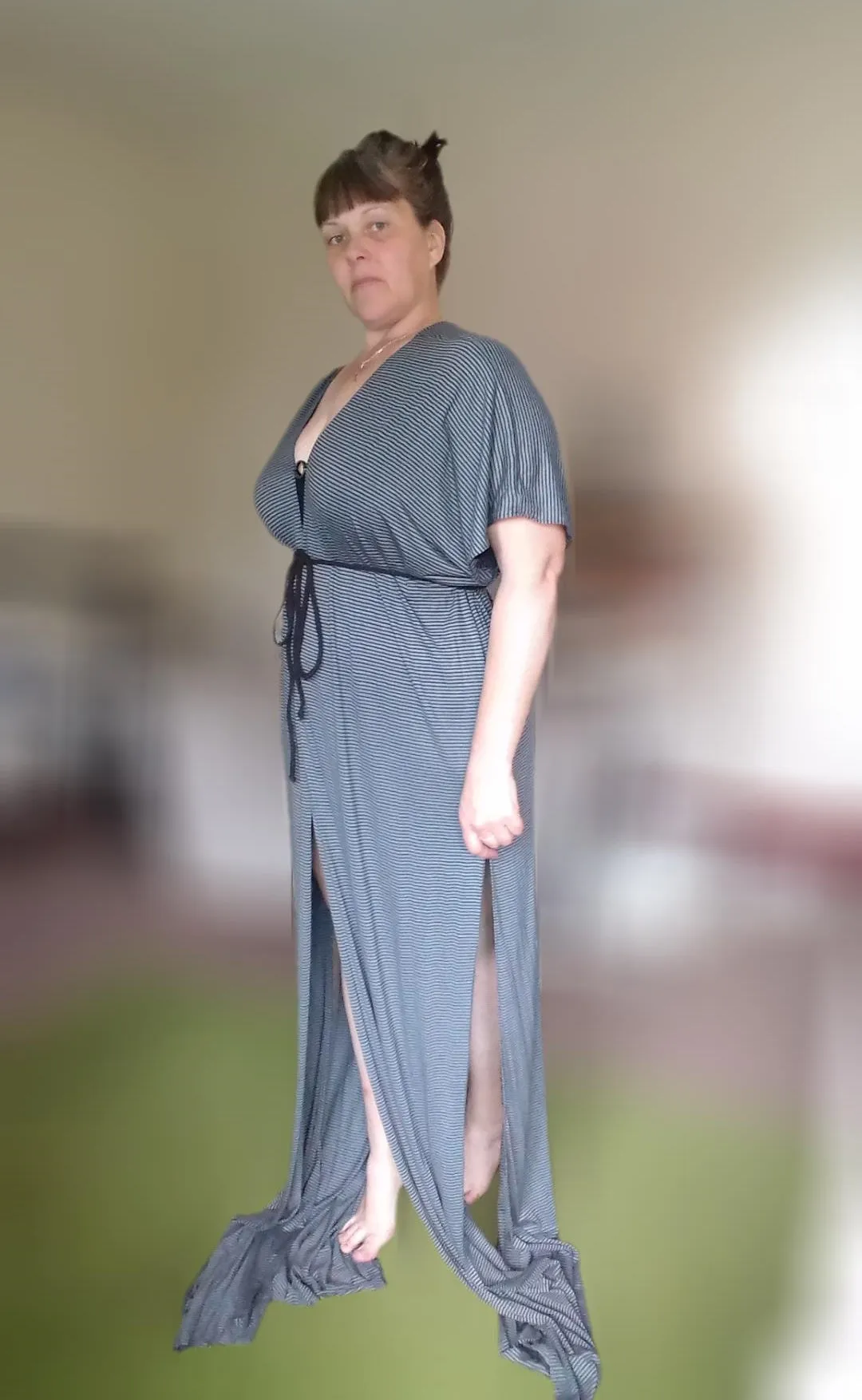 Black/Grey Stripe Grecian Drape Gown / Evening Dress UK10-16