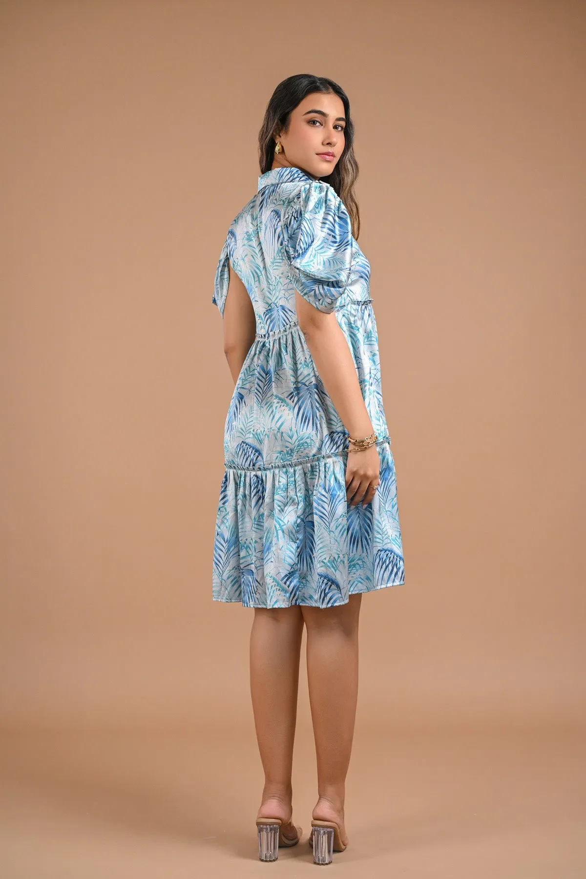 Blue Floral Puff Sleeve Mini Dress