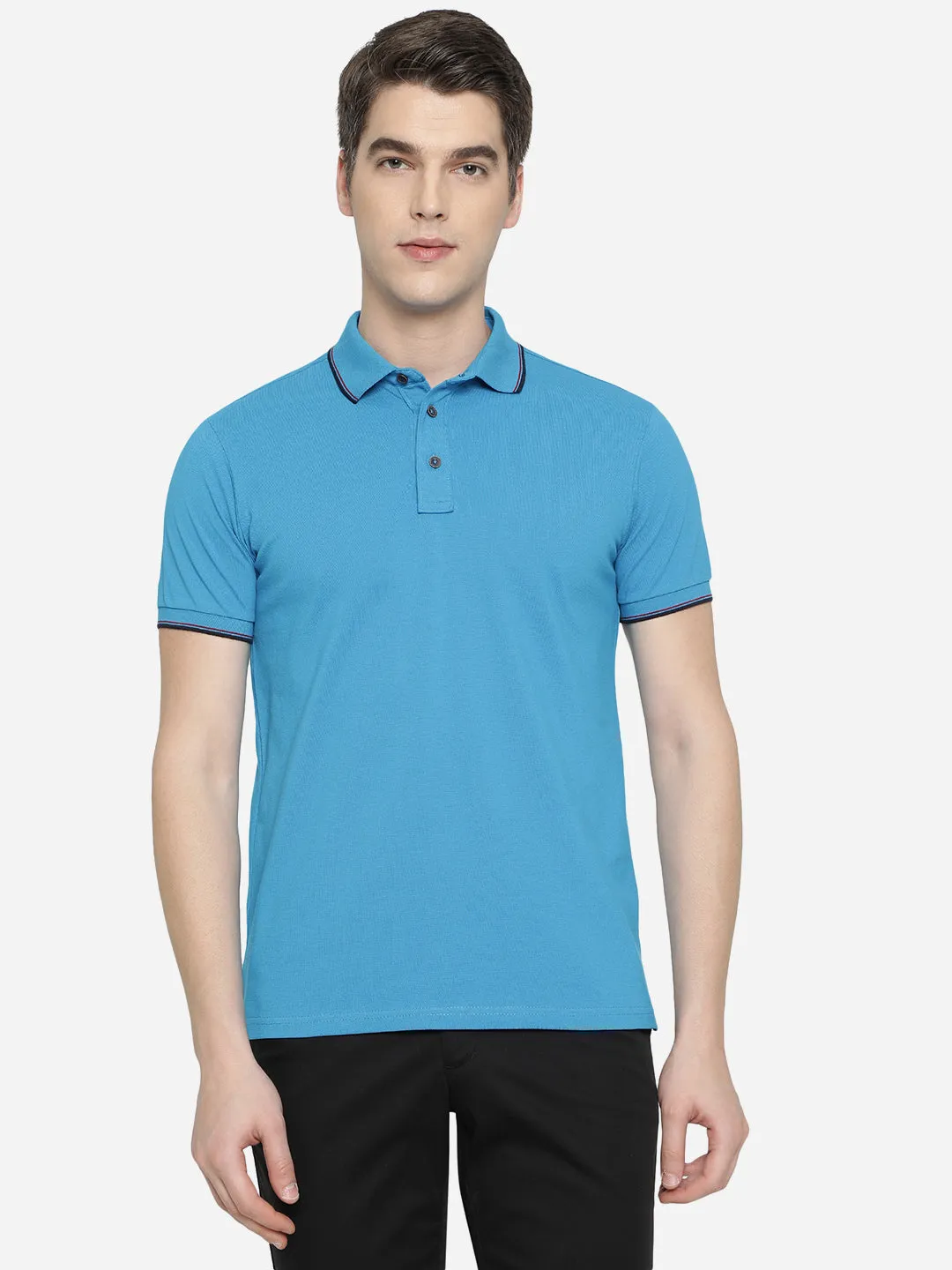 Bright Blue Solid Slim Fit Polo T-Shirt | JadeBlue