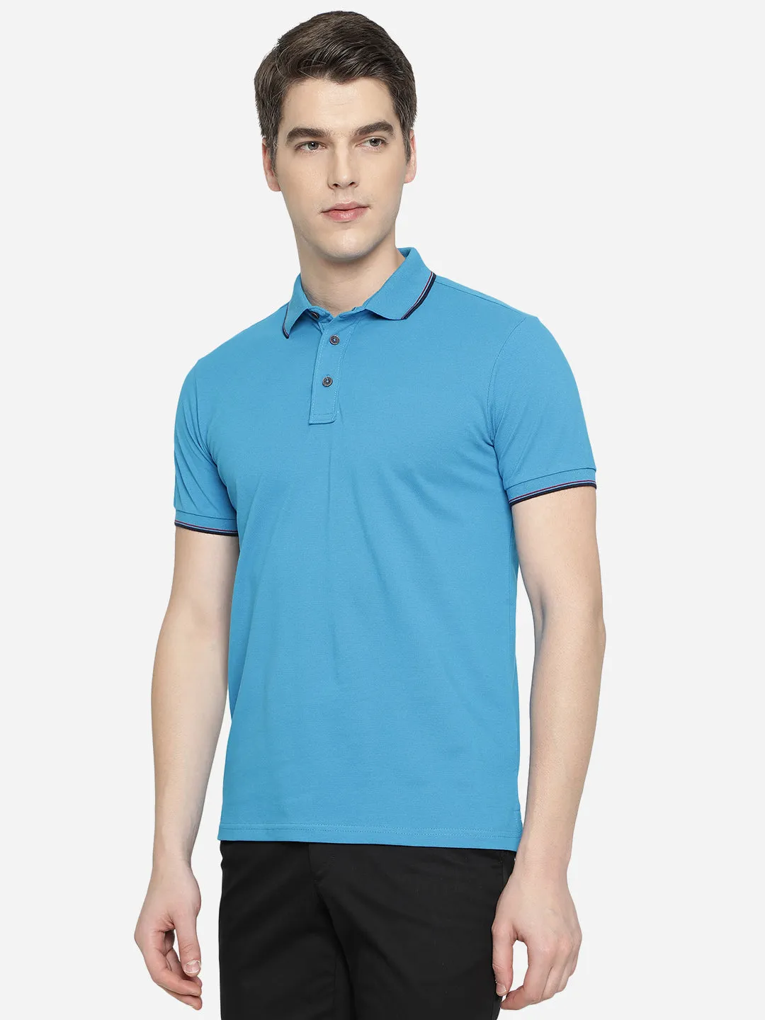 Bright Blue Solid Slim Fit Polo T-Shirt | JadeBlue