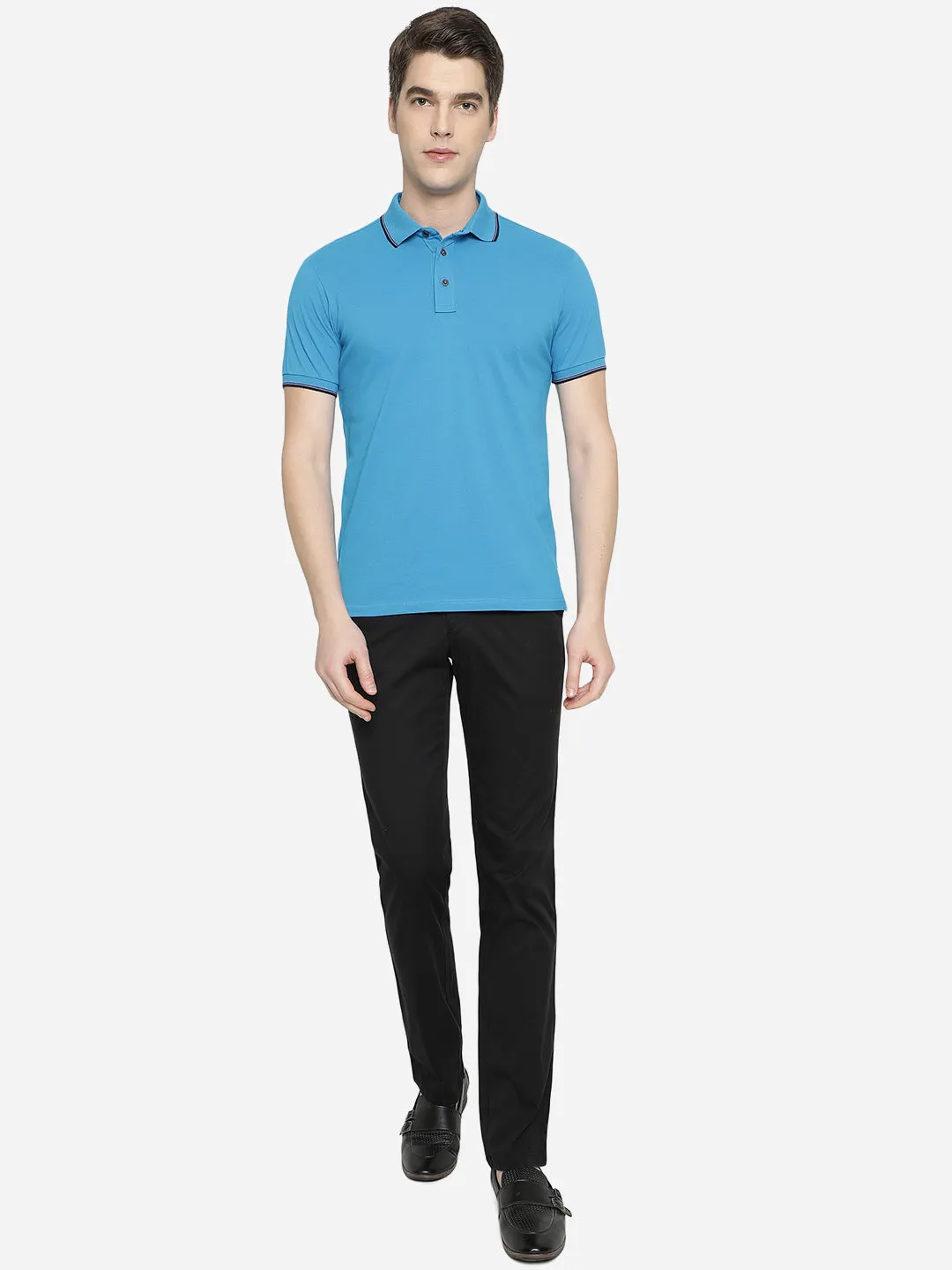 Bright Blue Solid Slim Fit Polo T-Shirt | JadeBlue