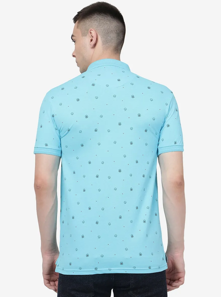 Button Blue Printed Slim Fit Polo T-Shirt | JadeBlue