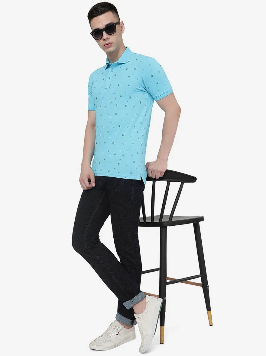 Button Blue Printed Slim Fit Polo T-Shirt | JadeBlue