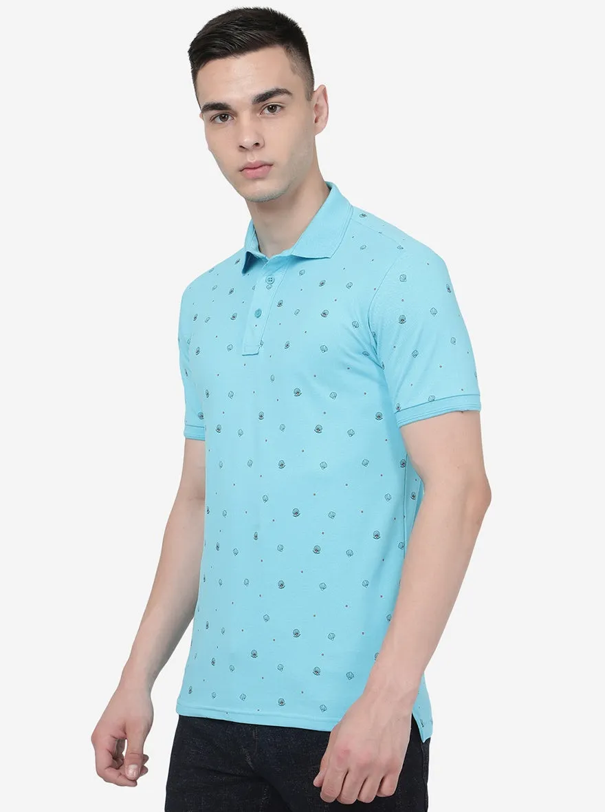 Button Blue Printed Slim Fit Polo T-Shirt | JadeBlue