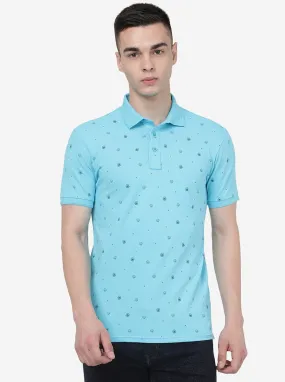 Button Blue Printed Slim Fit Polo T-Shirt | JadeBlue