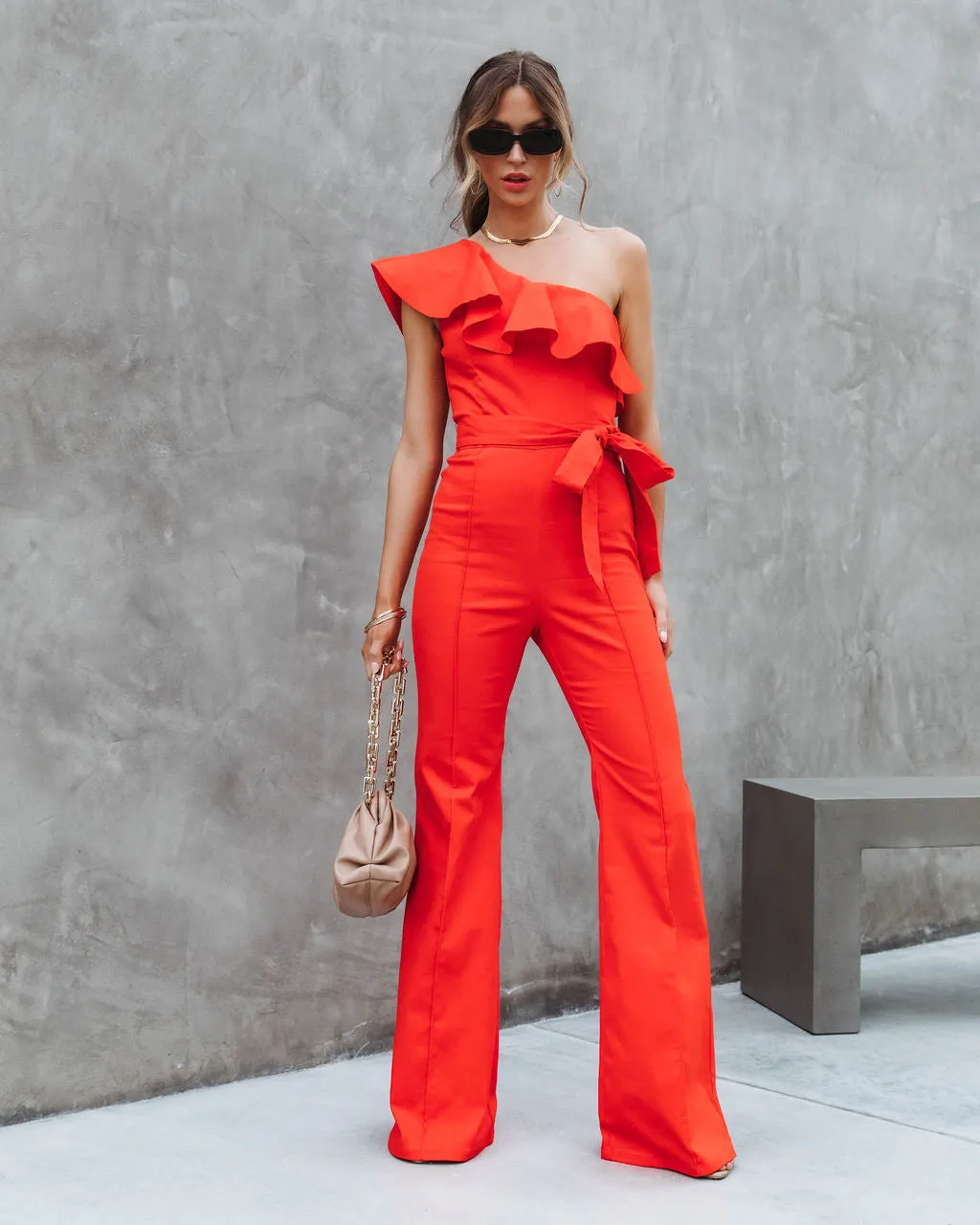 Cameran Cotton One Shoulder Flare Jumpsuit