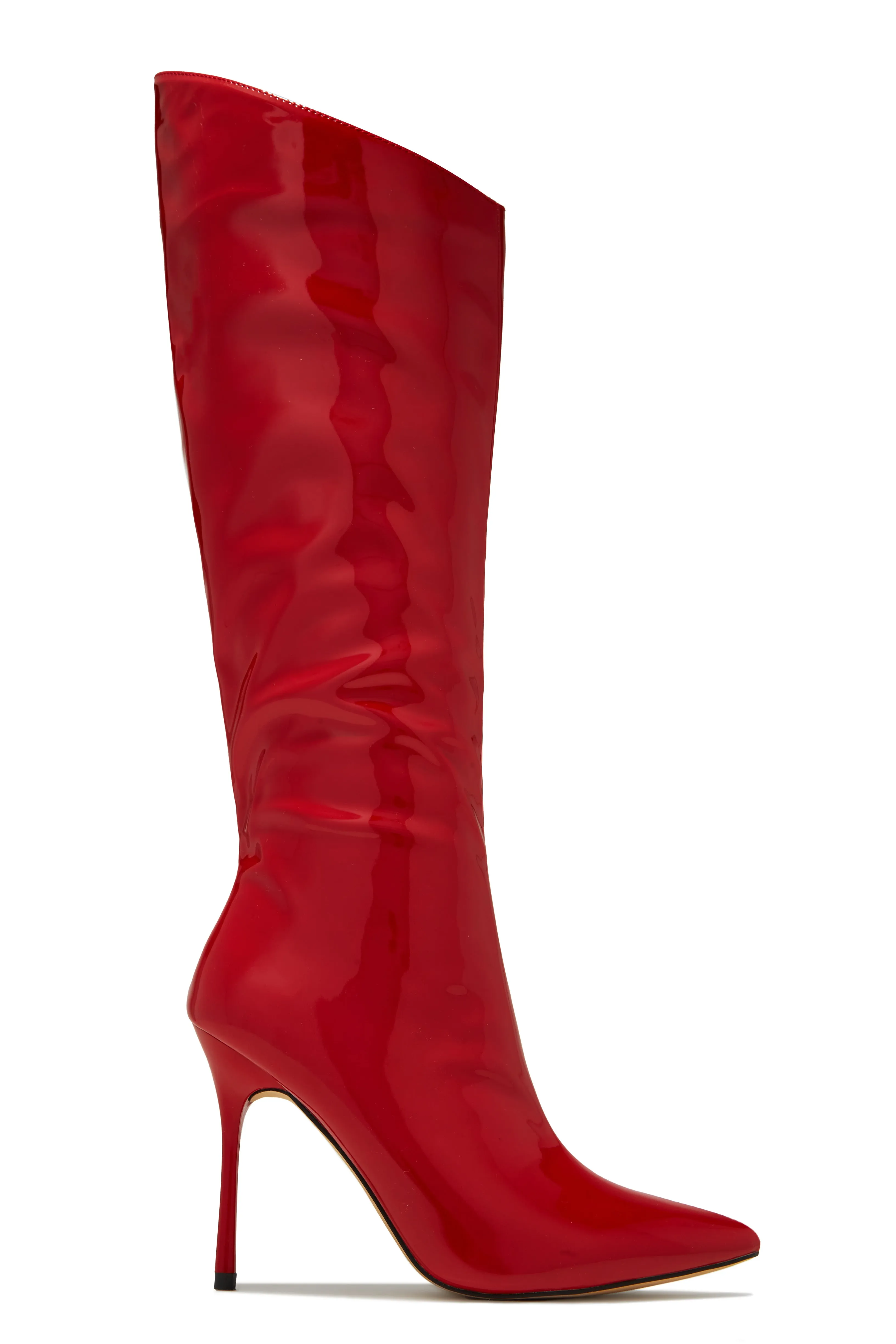 Center Of Attention Asymmetric Knee High Boots - Red