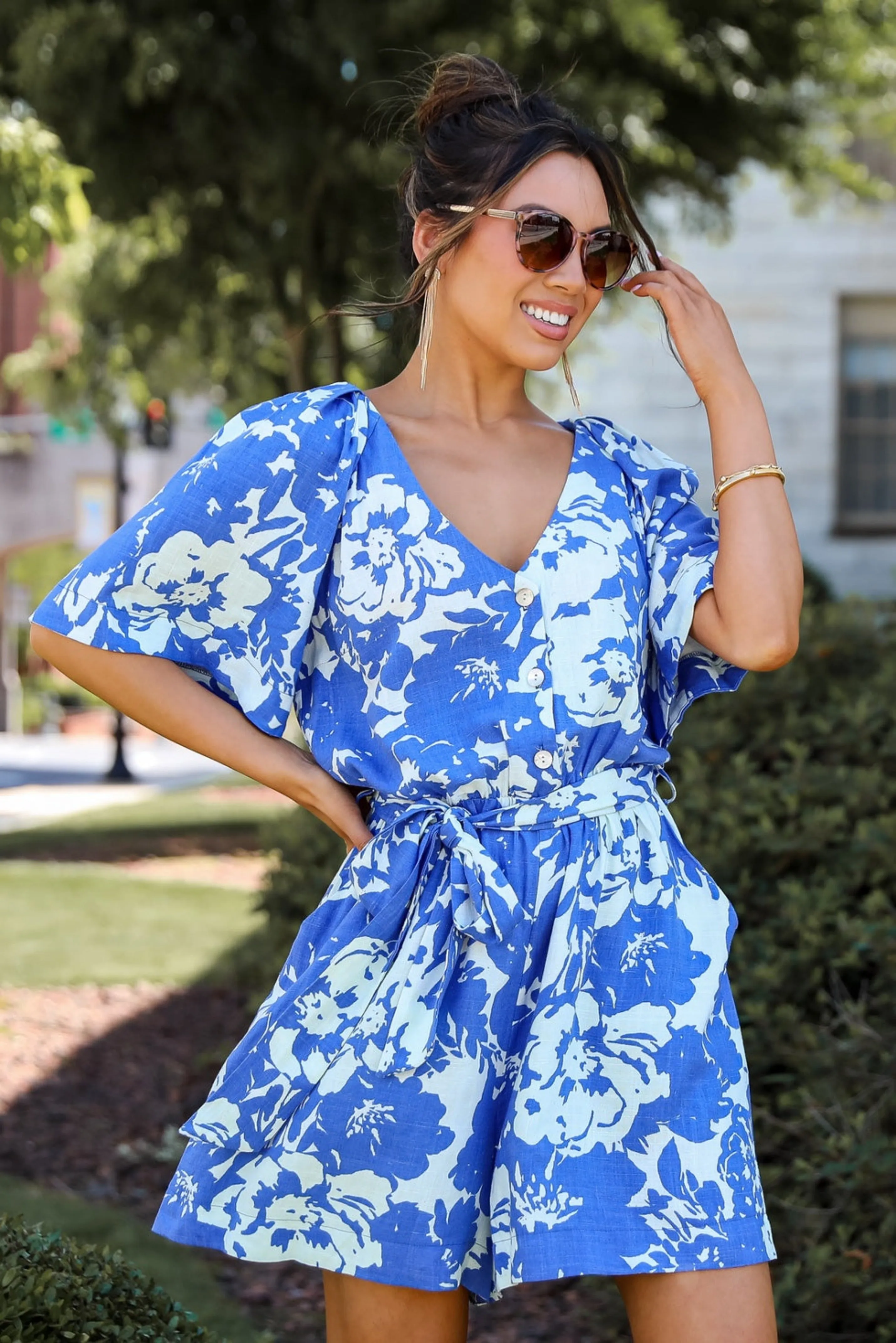 Charming Pose Royal Blue Floral Linen Romper