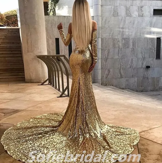 Charming Sequin Off Shoulder V-Neck Long Sleeve Side Slit Mermaid Long Prom Dresses,SFPD0274