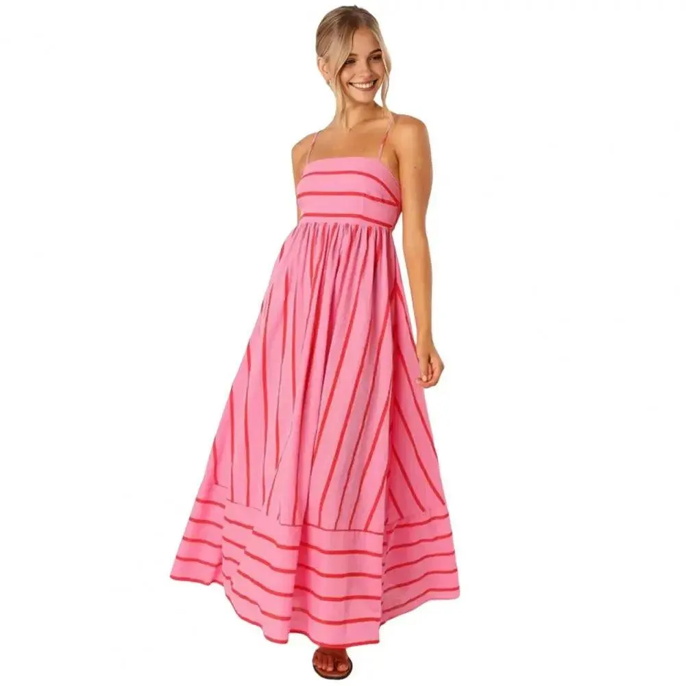 Chic Striped Backless Maxi Sundress with A-line Silhouette for Summer Beach Getaways