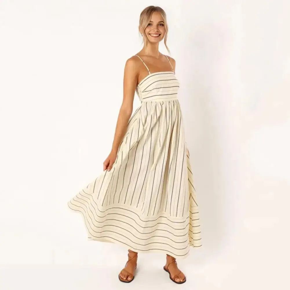 Chic Striped Backless Maxi Sundress with A-line Silhouette for Summer Beach Getaways