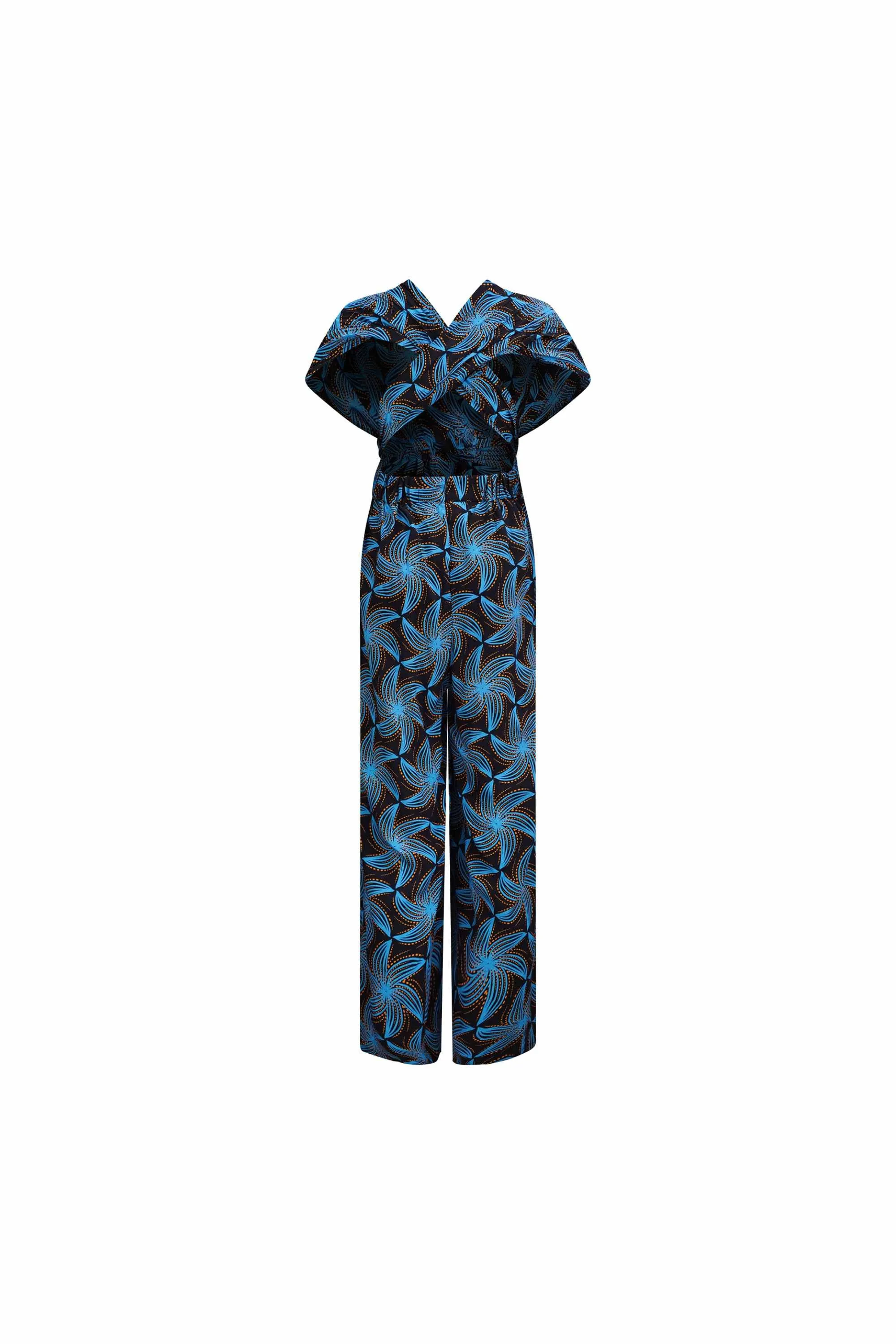 Chinwe Wide Leg Infinity Jumpsuit with Adjustable Straps - Black and Blue Stellar Whirls | ILC OA OG