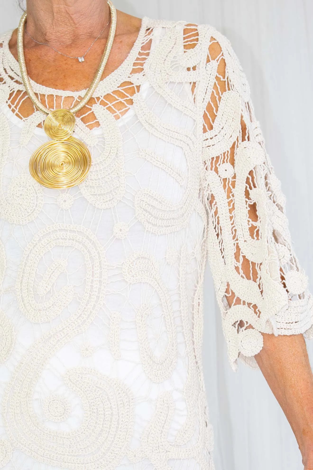 Clara Crochet 3/4 Sleeve Dress in Beige