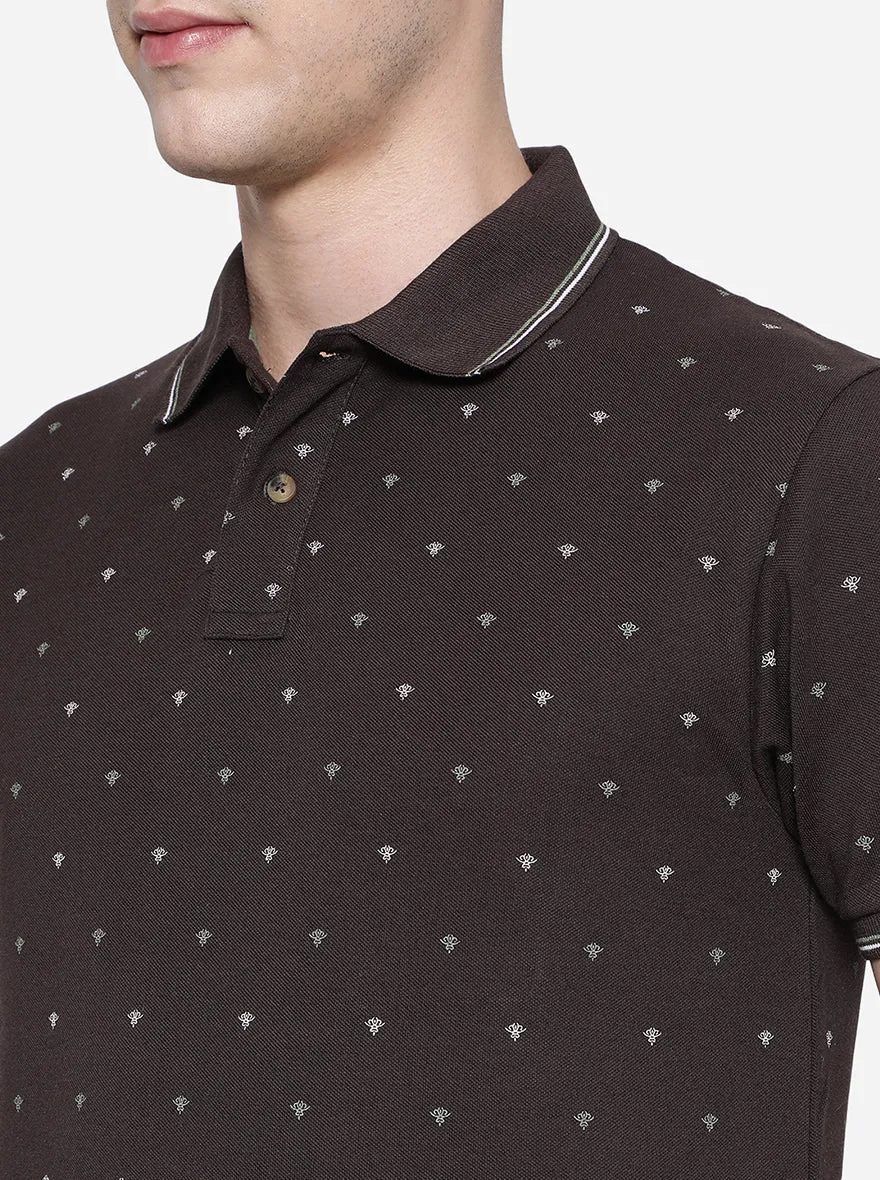 Coffee Brown Printed Slim Fit Polo T-Shirt | Greenfibre