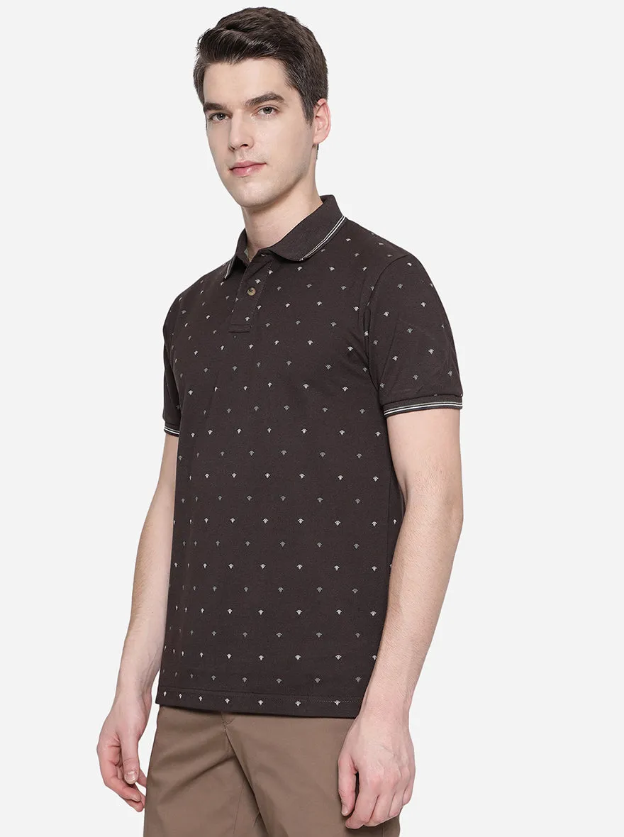 Coffee Brown Printed Slim Fit Polo T-Shirt | Greenfibre