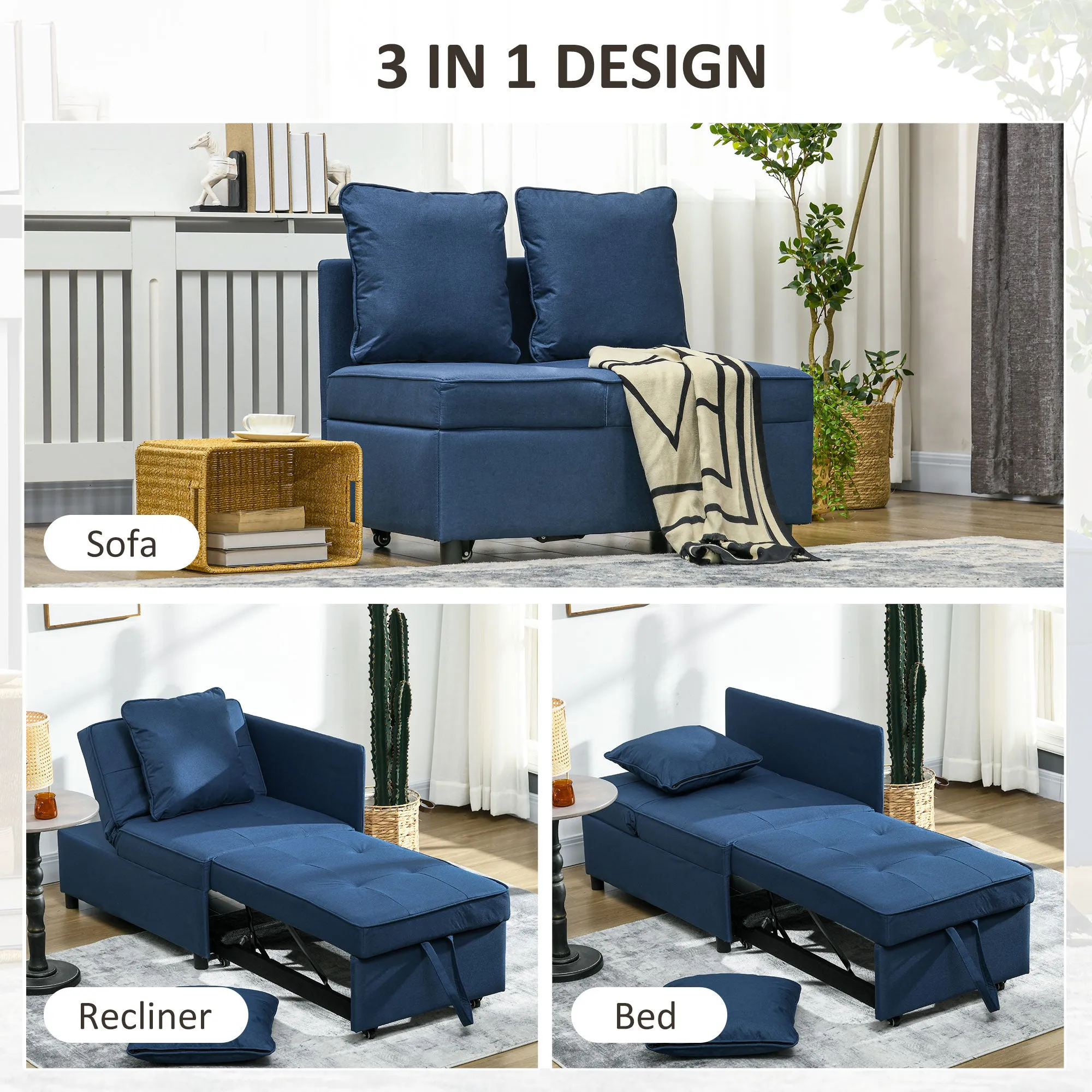 Convertible Chair Bed w/ Seat Thickness, 3-in-1 Multi-Functional Sleeper, Recliner Loveseat w/ 5-level Adjustable Backrest, Pillows, Blue