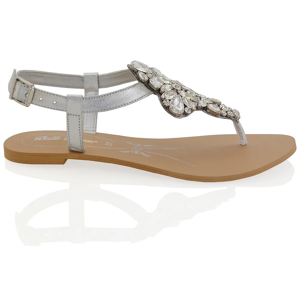 Coraline Ladies Toe Post T Bar Rhinestone Sparkly Diamante Flat Sandals in Silver