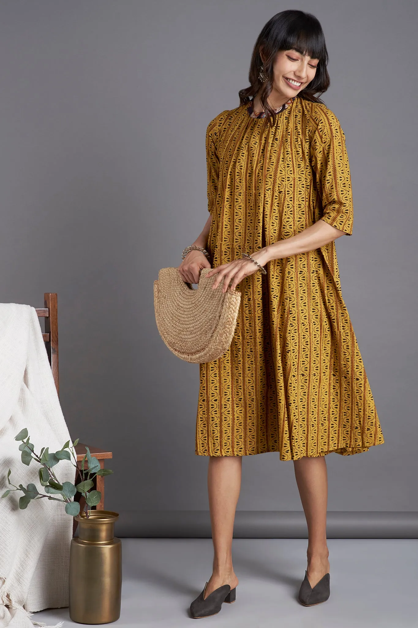 crew neck gather dress - ochre moss & musical cliff