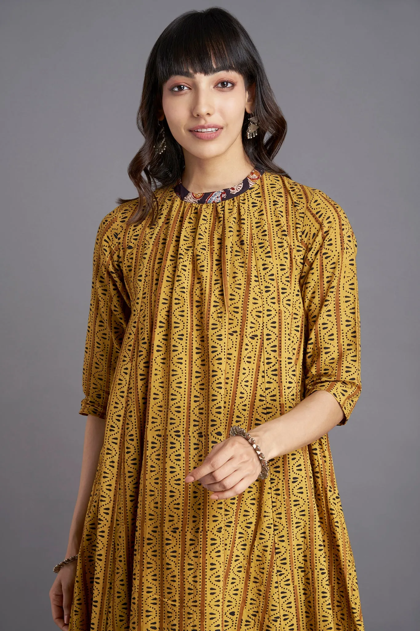 crew neck gather dress - ochre moss & musical cliff