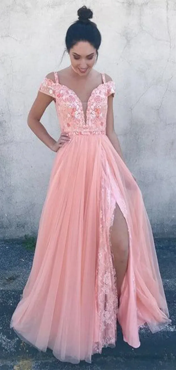 Cute Pink Off-Shoulder A-Line Side Slit Popular Long Evening Dresses, Formal Dresses, Birthday Party, WGP629