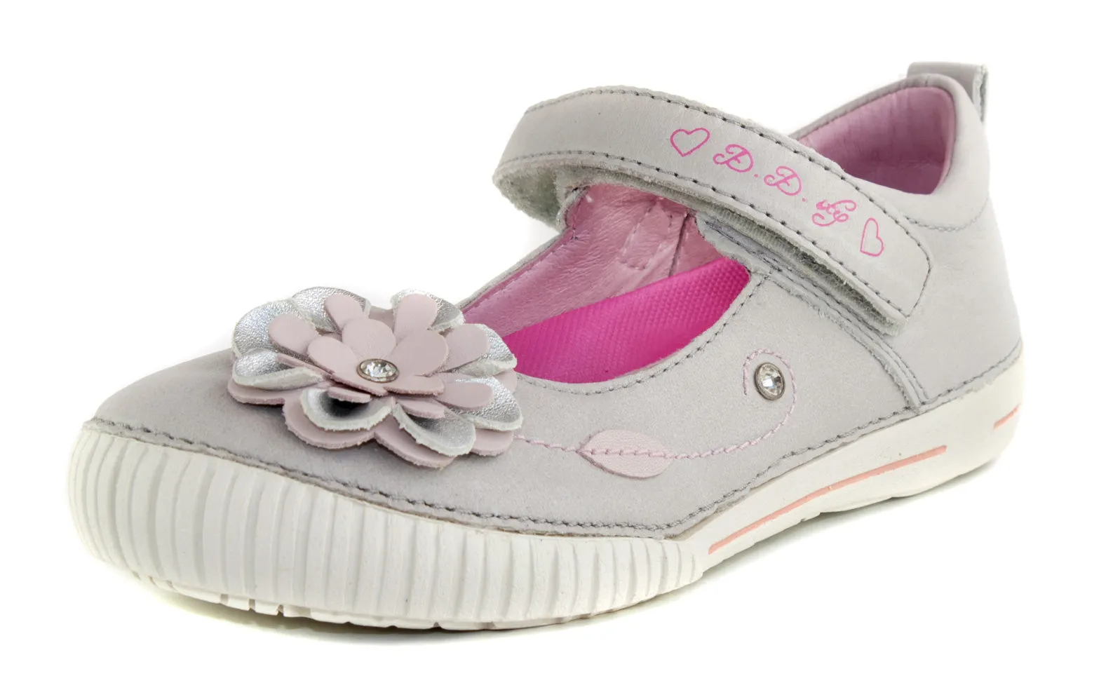 D.D. Step big kid girl single strap sandals/dress shoes grey and pink with flower size US 13-4