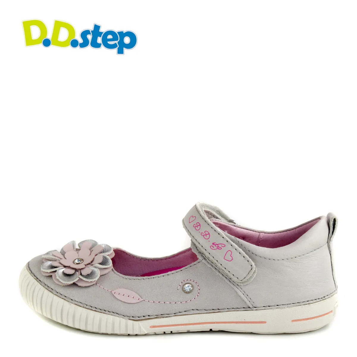 D.D. Step big kid girl single strap sandals/dress shoes grey and pink with flower size US 13-4