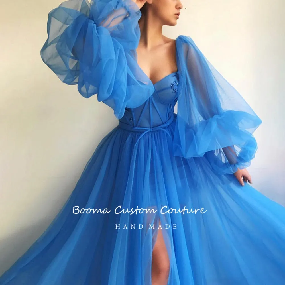 DEANWANGKT Simple Blue Prom Dresses Long Puff Sleeves Exposed Boning Illusion Evening Dresses High Slit Tulle A-Line Formal Gowns