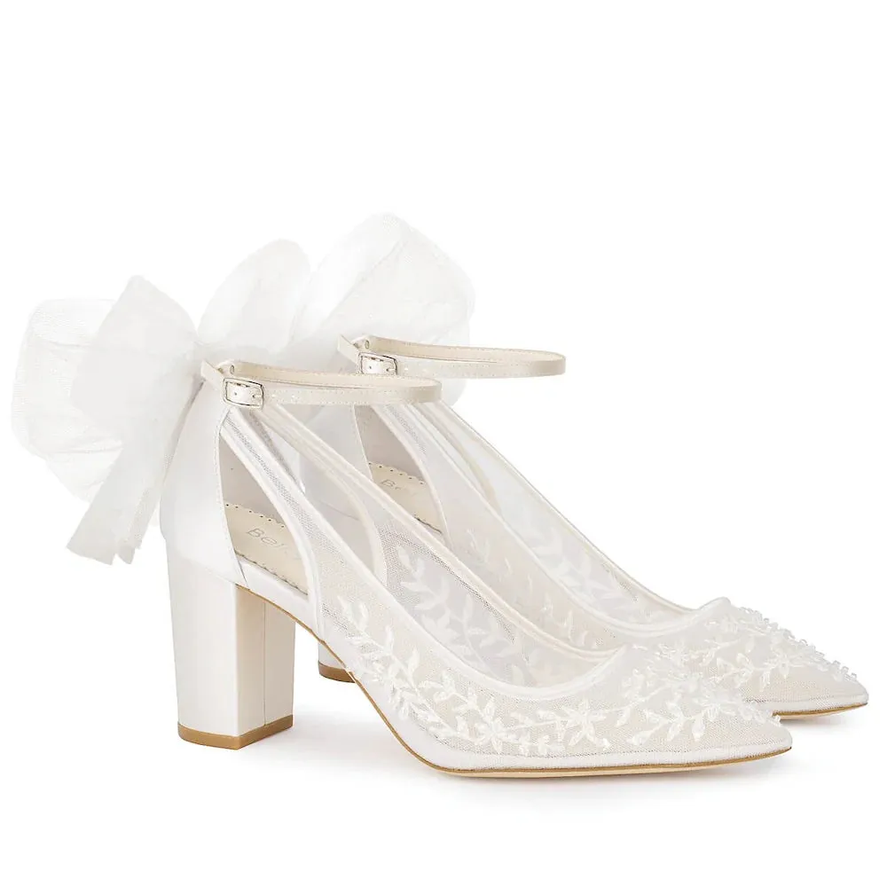 Easton - Slingback Block Heel Wedding Shoes with Tulle Bow