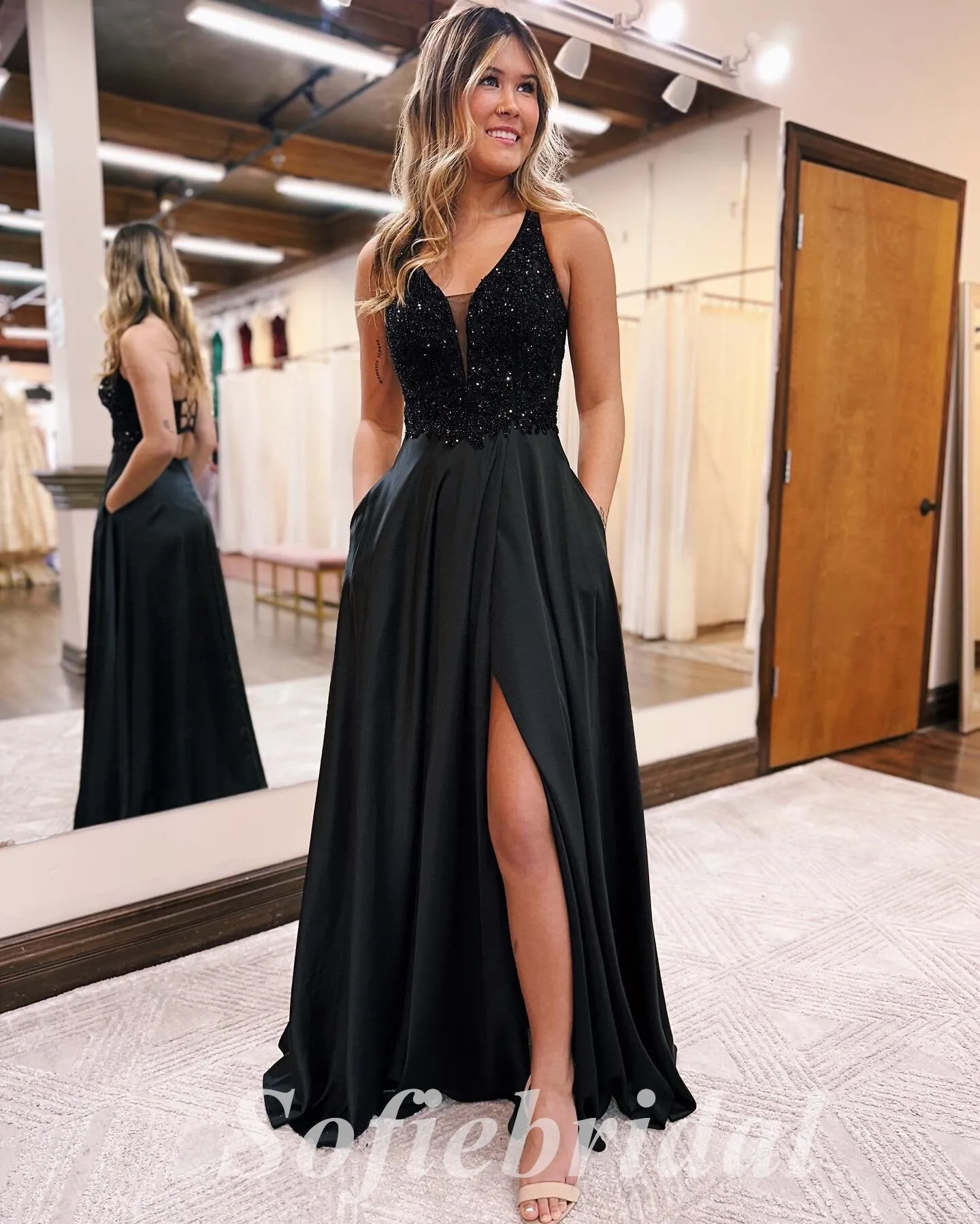 Elegant Sequin And Satin Spaghetti Straps V-Neck Sleeveless Lace Up Side Slit A-Line Long Prom Dresses,SFPD0692