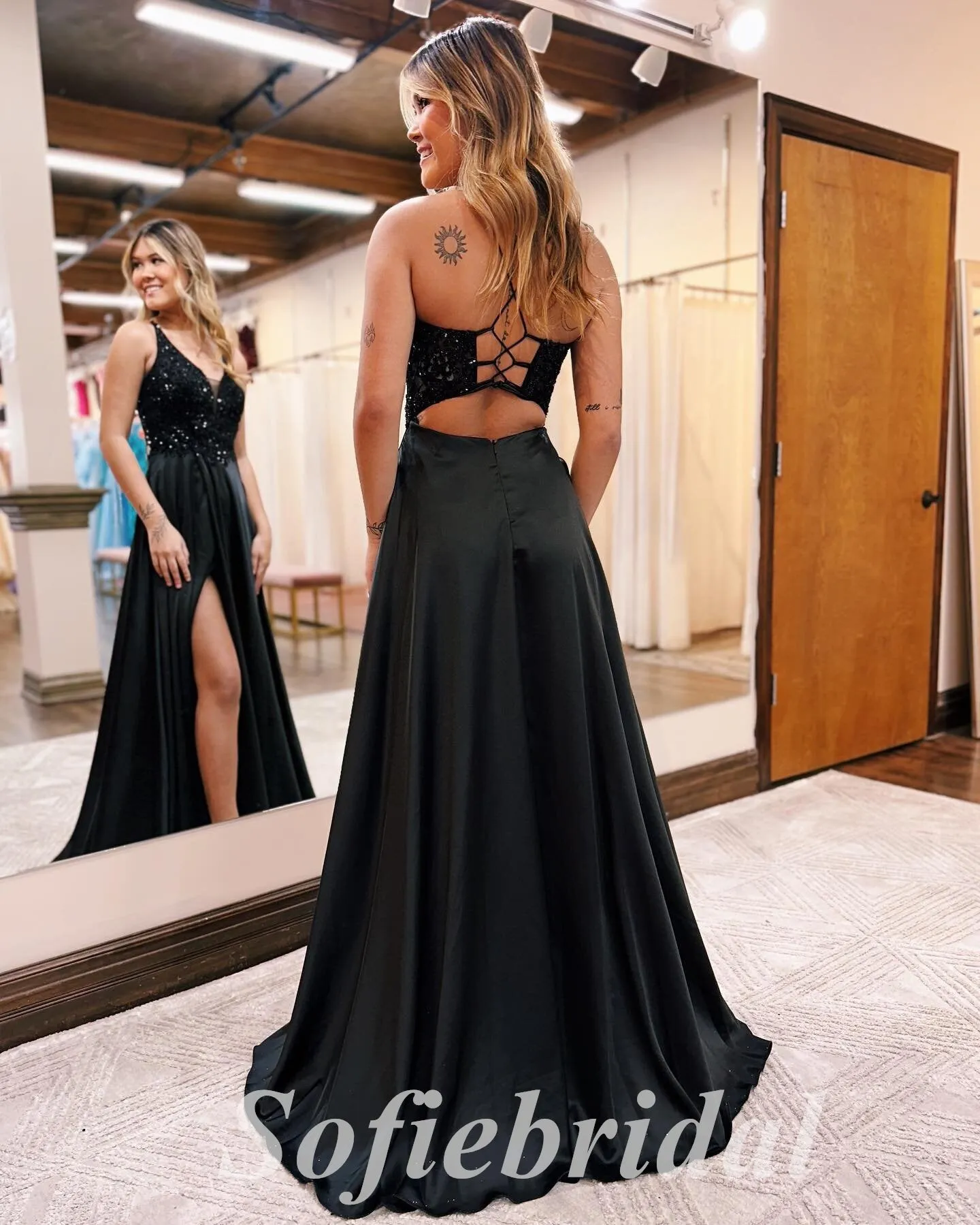 Elegant Sequin And Satin Spaghetti Straps V-Neck Sleeveless Lace Up Side Slit A-Line Long Prom Dresses,SFPD0692